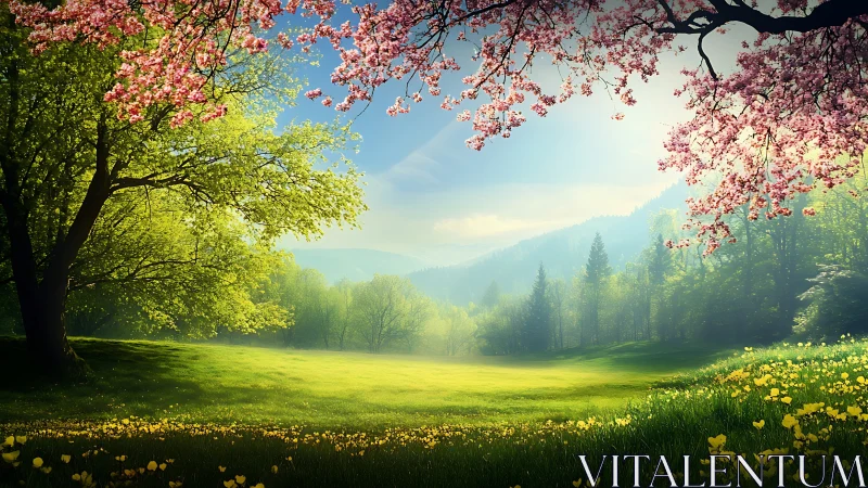 Spring meadow landscape under soft morning light.