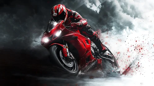 Scarlet thunderbike carving through stormborn speed clouds.