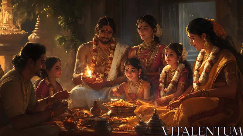 Extended family performing Hindu ritual with fire offering.