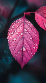 Raindrop constellations quietly crown a lone pink leaf