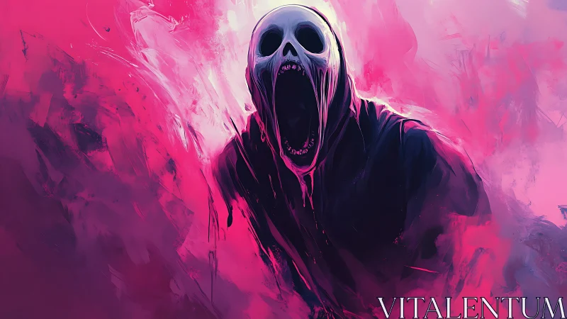 Screaming spectral hooded figure dissolves into neon magenta haze