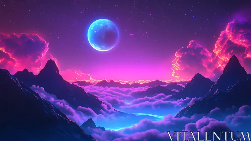 Neon cloudscape with moon above stylized mountain peaks.