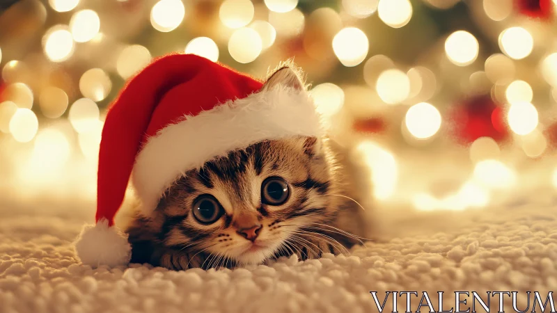 Kitten in Santa hat lies on textured rug before festive bokeh
