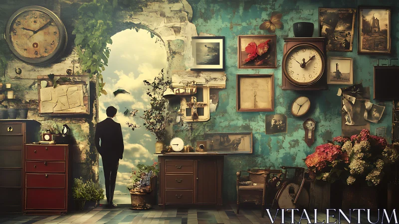 Surreal vintage study wall with clocks, man, and sky portal