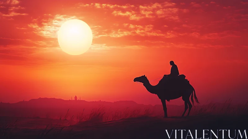 Silhouette of camel rider crosses desert beneath blazing sun