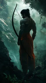 Warrior archer in dense emerald forest holding long bow.