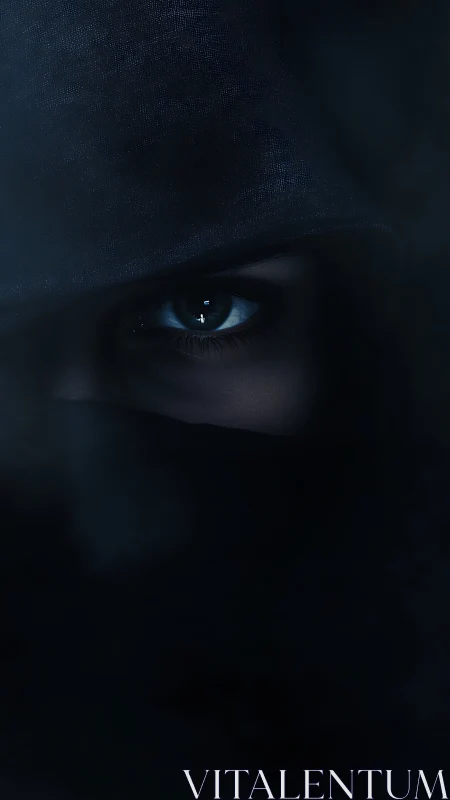 Shrouded eye in shadowed hood with cinematic low key lighting.