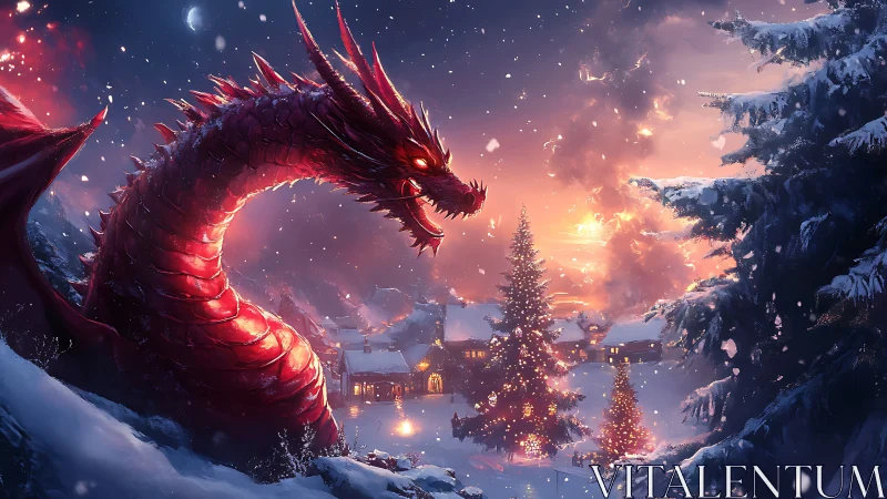 Red dragon occupies snowy village landscape at winter dusk