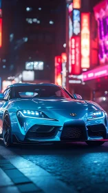 Electric blue sports coupe slices through neon night city.