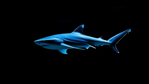 Blue shark glides through dark water in stark isolation.