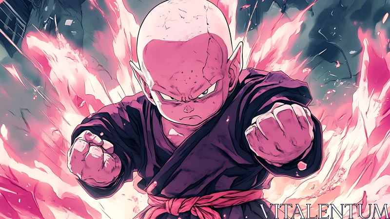 Bald anime fighter launches flaming dual-fist attack.