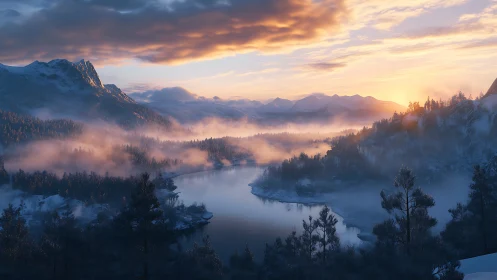 Gentle winter sunrise over a misty mountain river valley.