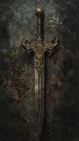 Ornate medieval sword is displayed against corroded surface
