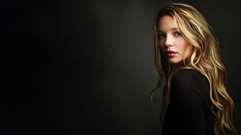 Elegant blonde woman in moody studio portrait with soft lighting.