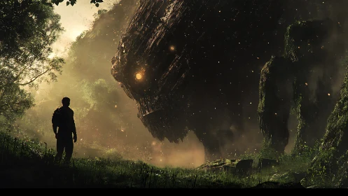 Forest wanderer meets ember eyed colossus at dawn.