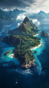 Tropical Island Archipelago Emerges Through Clouds Over Turquoise Waters.