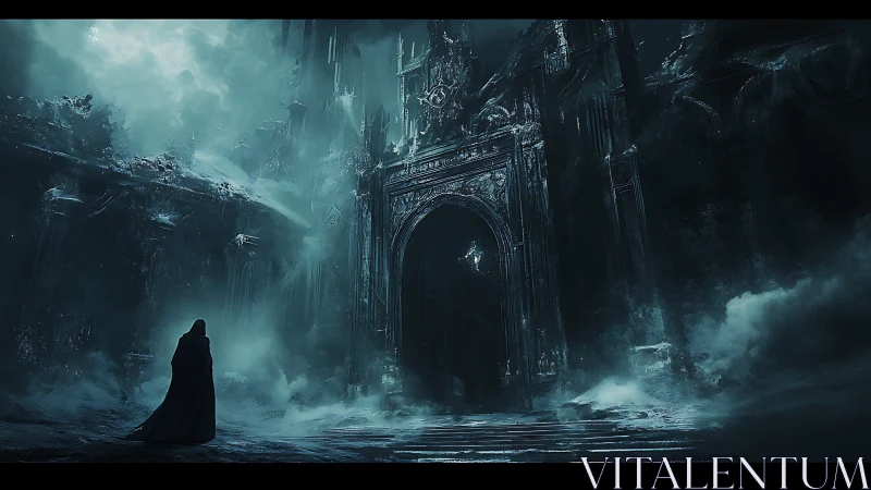 Shrouded wanderer before the frostbitten abyssal gate.