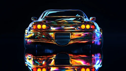 Neon-lacquered street racer idling in prism-lit midnight hush.