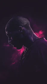 Profile silhouette of male figure in purple backlit haze.