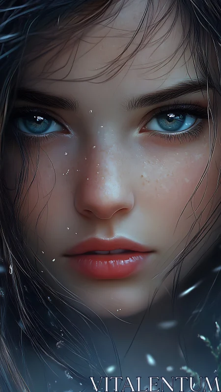 Icy blue gaze emerges from misty, rain‑kissed shadows.