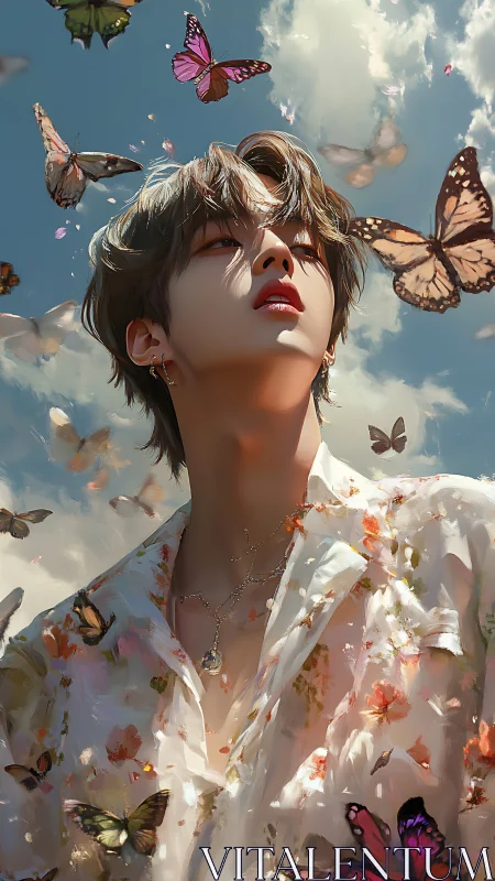 Skyward dreamer draped in butterflies and painted sunlight.
