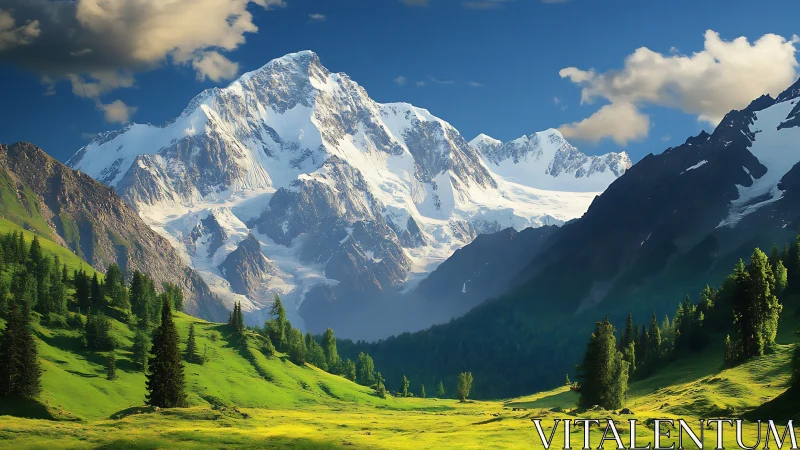 Snowcapped mountain peak above sunlit alpine valley.