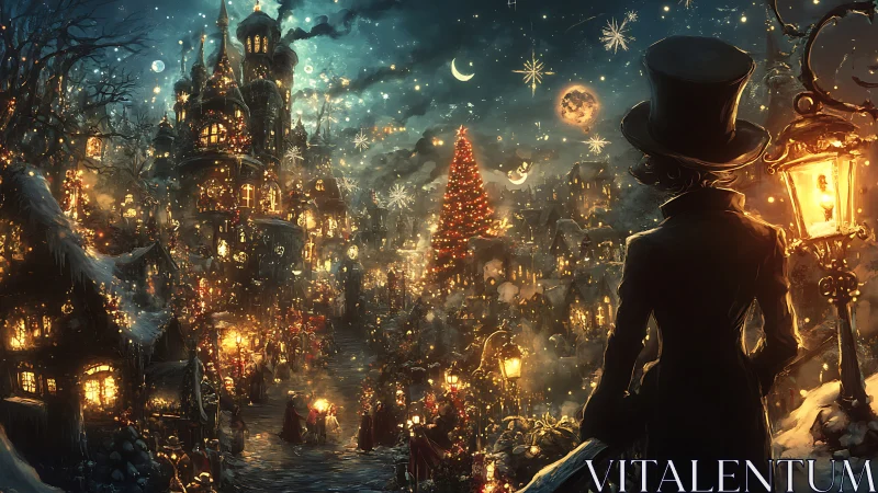 Victorian observer over enchanted winter holiday townscape.