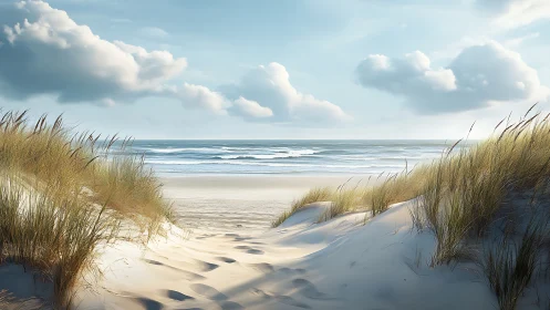 Sunlit coastal dunes frame tranquil pastel surf horizon.