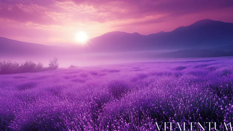 Soft sunrise glows over endless purple lavender fields