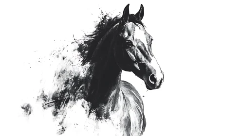 Horse portrait dissolves into expressive ink splashes.