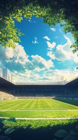 Sunlit soccer stadium under clear sky and foliage frame.