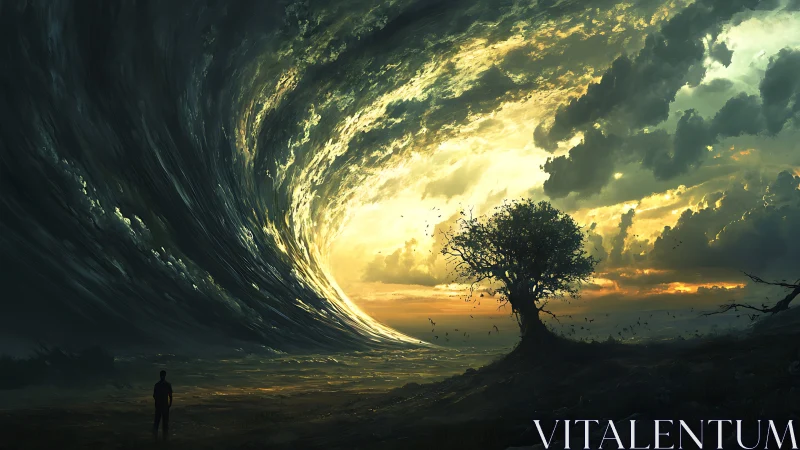 Lone figure facing storm-swept sky and illuminated horizon.