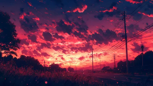 Sunset-lit rural roadway under dense stratocumulus cloud field