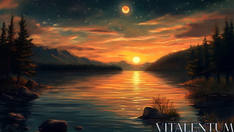 Twin moons over sunset lake reflect in glowing water.