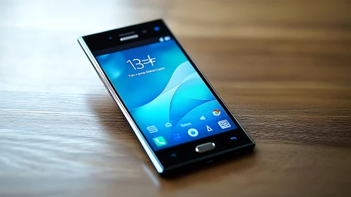 Smartphone with Blue Interface Display on Wooden Surface.