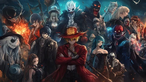 Dark fantasy anime ensemble of heroes, demons, and monsters