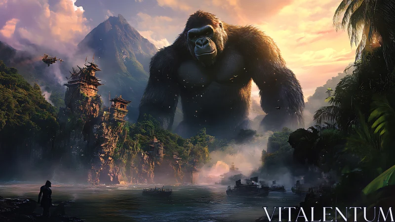 Colossal jungle gorilla storms misty temple river realm.