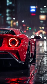 Scarlet supercar stalks neon rain along midnight city streets.