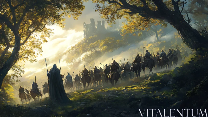 Mounted fantasy warband advancing toward misty ruined citadel.