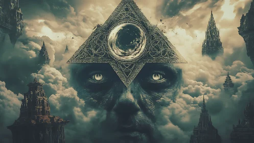 Triangular eye symbol over face within cloudy spired realm.
