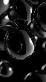 Glossy black spheres float in deep monochrome void