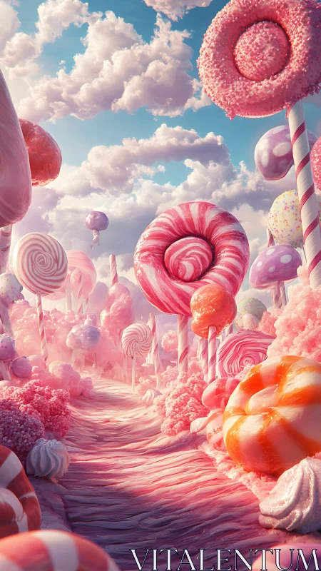 Candy Landscape with Spiraling Lollipops, Confectionery Architecture and Cloud-Filled Sky