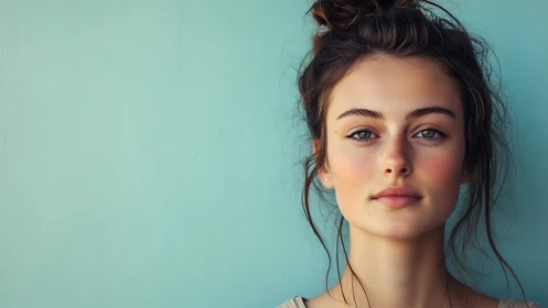 Soft daylight portrait of young woman against teal wall