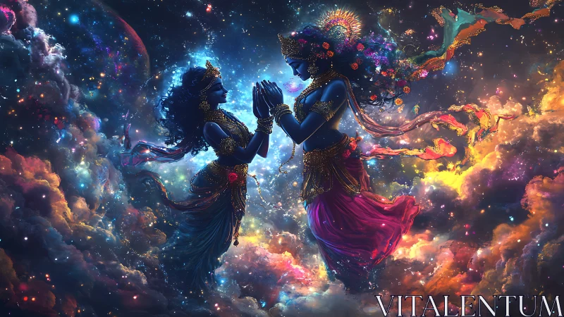 Bilateral celestial deities rendered in luminous cosmic nebulae