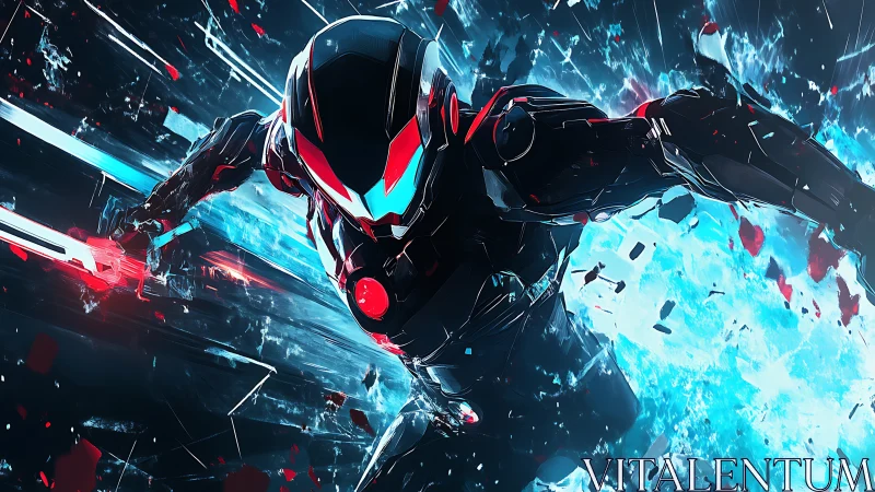 Cybernetic warrior bursts through shattered neon energy wall