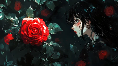 Girl in dark scene facing vivid red rose in close profile.