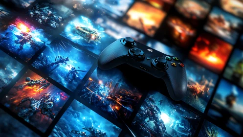 Game controller resting among vivid sci fi battle worlds.