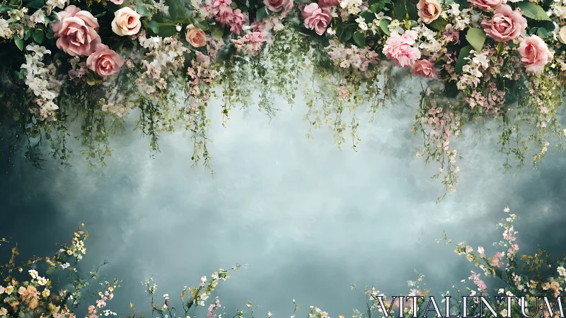 Enchanting floral canopy frames a serene dreamy background
