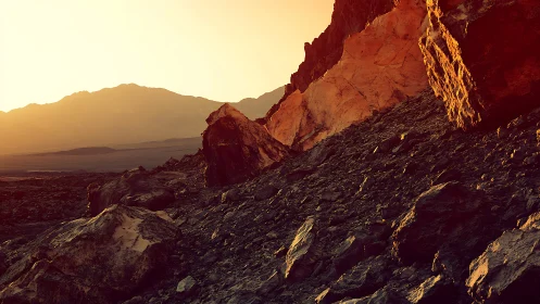 Desert escarpment under golden backlight and rugged scree field.