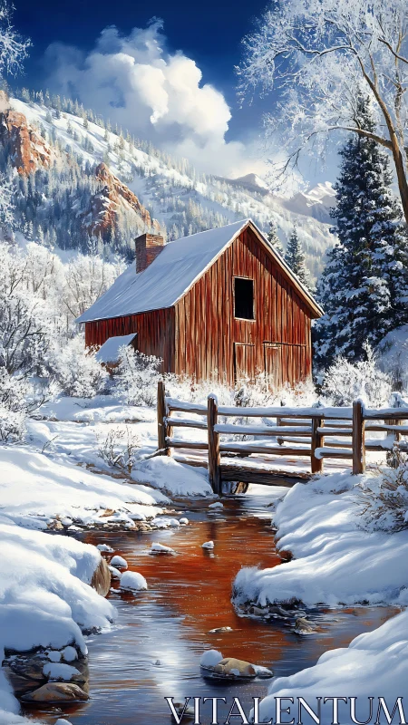 Snowy red barn nestles by a gentle winter mountain stream